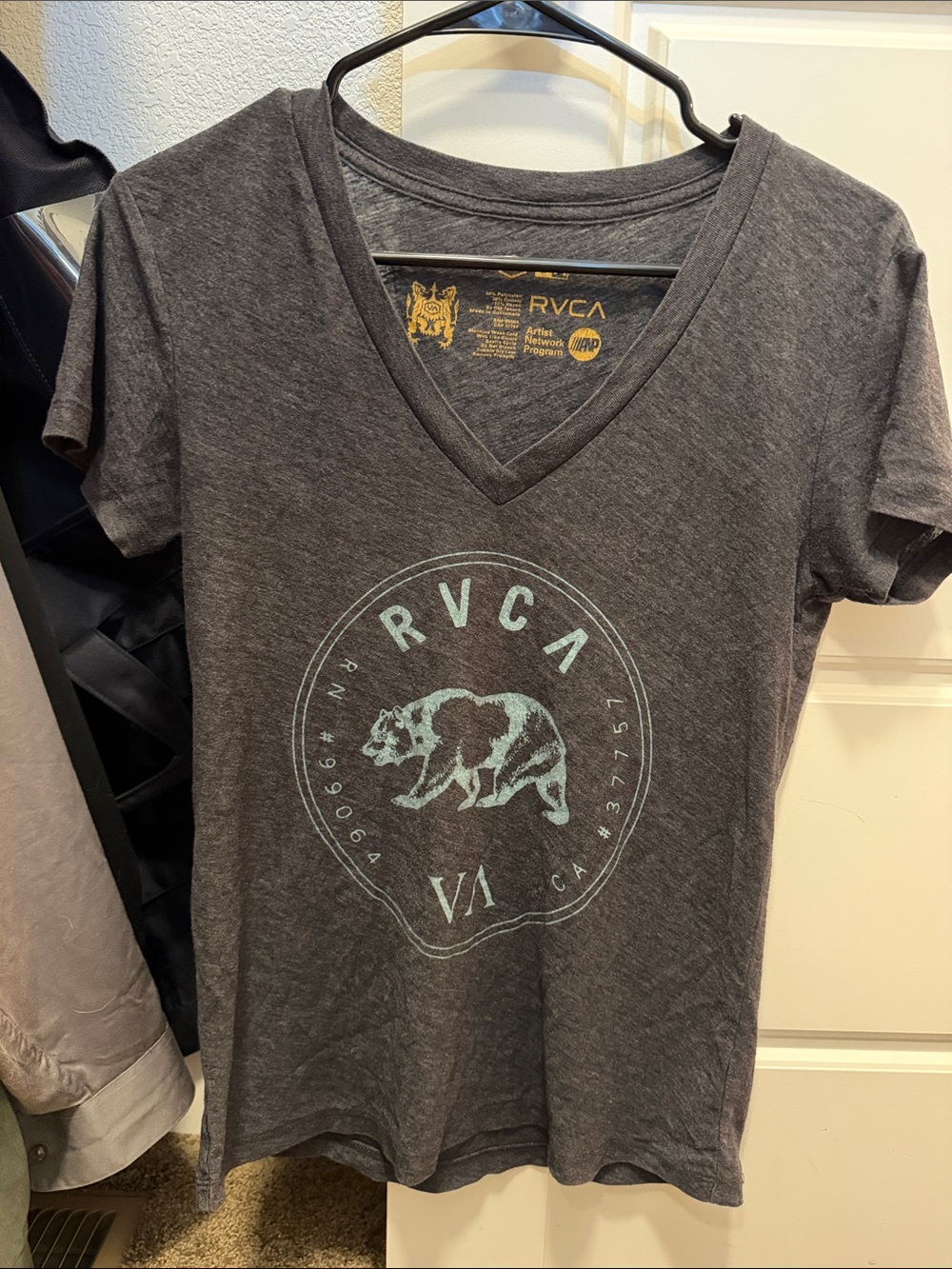 RVCA Dark Gray V-Neck Tee with Mint Bear Graphic